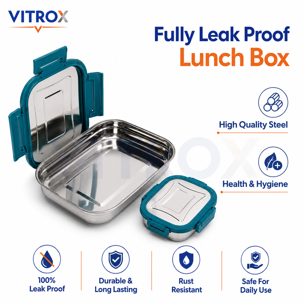 Vitrox Fully Leak Proof Stainless Steel Lunch Box Set with Dish Box – TEAL BLUE | 650 ml + 150 ml