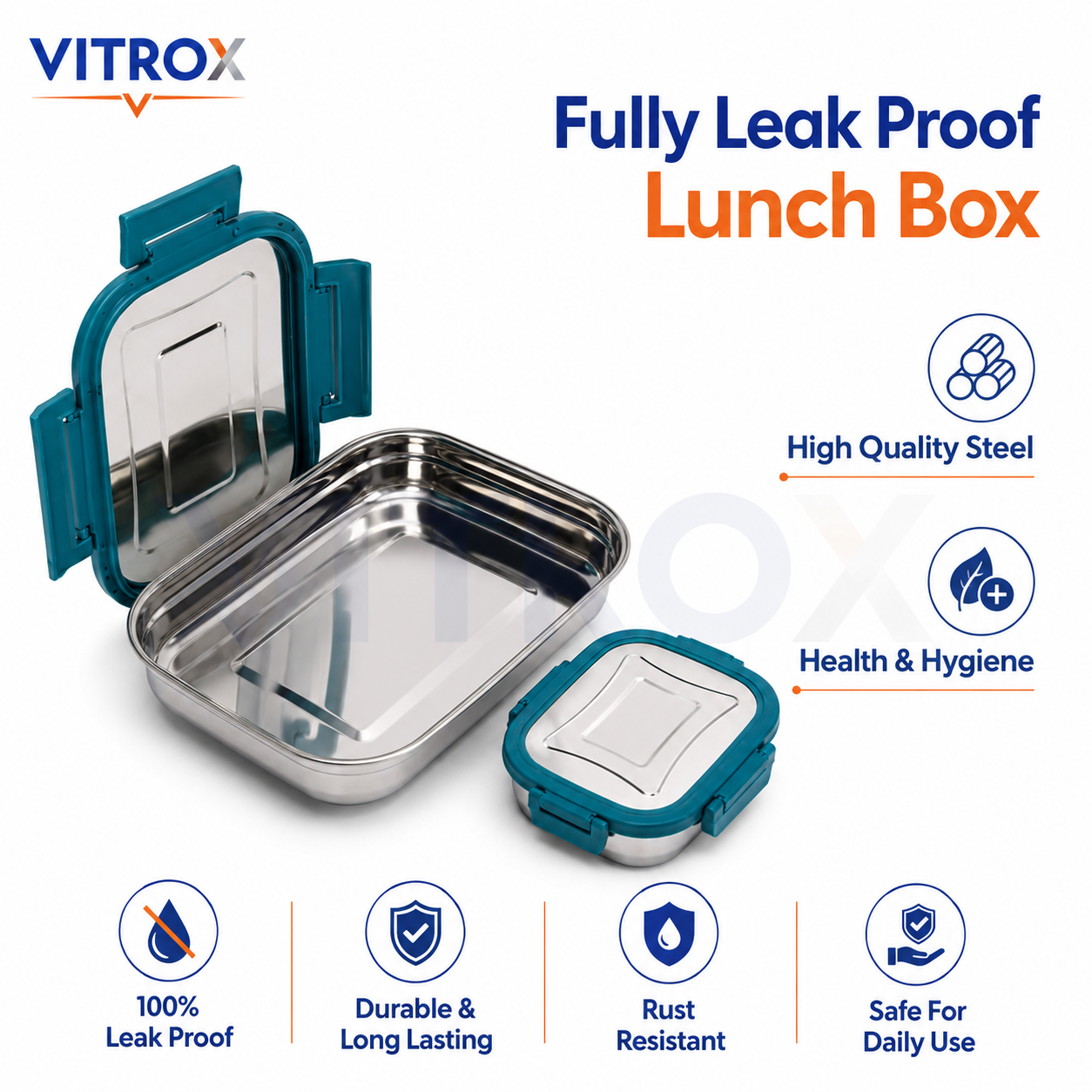 Vitrox Fully Leak Proof Stainless Steel Lunch Box Set with Dish Box – TEAL BLUE | 650 ml + 150 ml