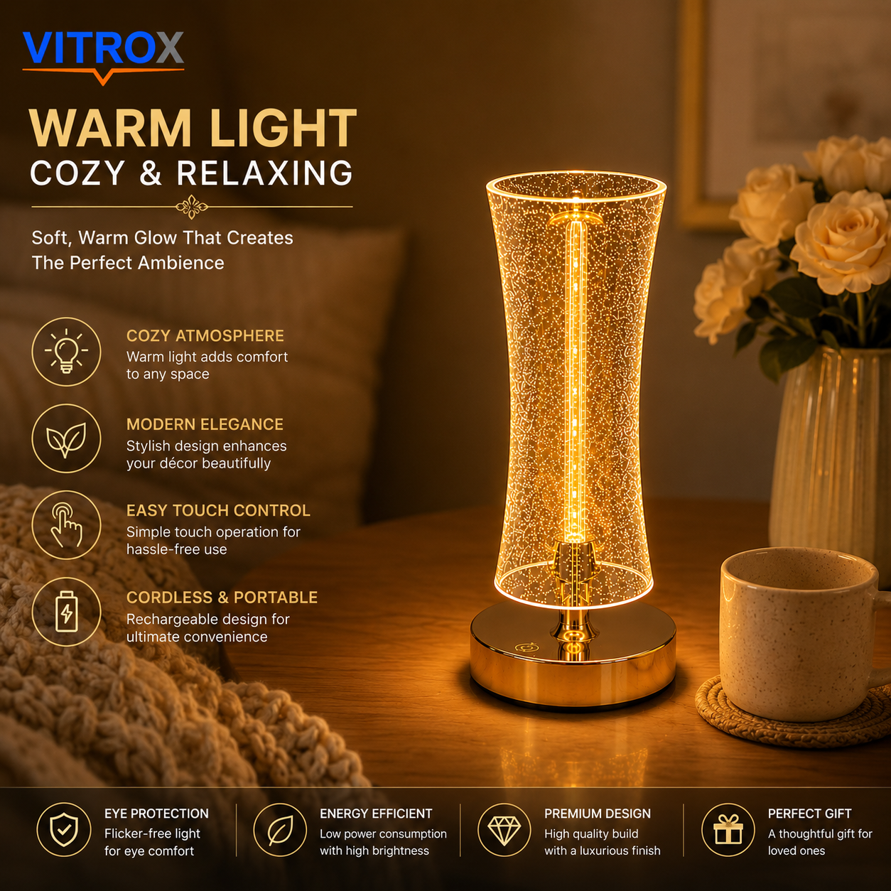 USB Rechargeable Touch Control LED Table Lamp – Modern Warm Light Bedside Decorative Lamp