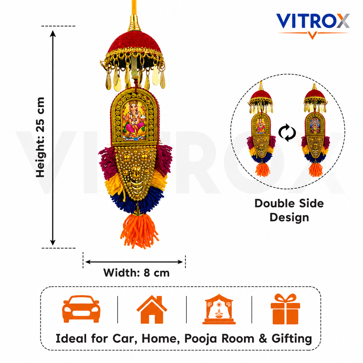 Vitrox Handmade Traditional Ganesha Hanging Décor – Double Side Design for Car, Home & Pooja Room | 25cm x 8cm