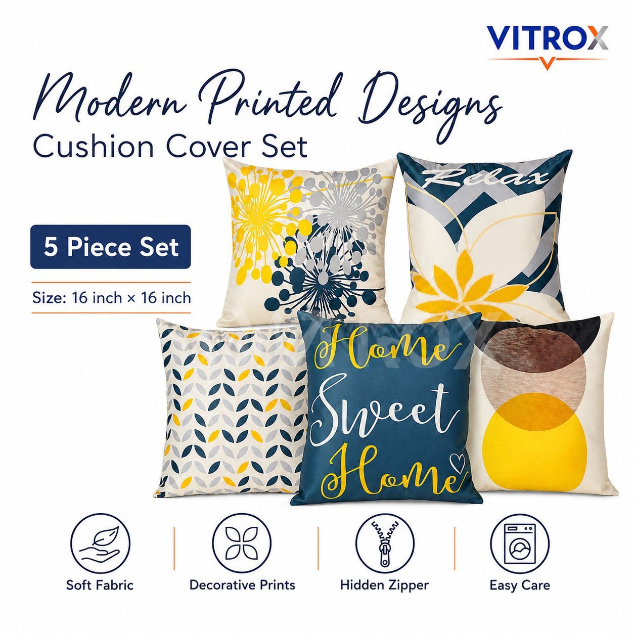Vitrox Decorative Printed Cushion Cover Set – 5 Piece Set, 16 x 16 Inch Square Cushion Covers
