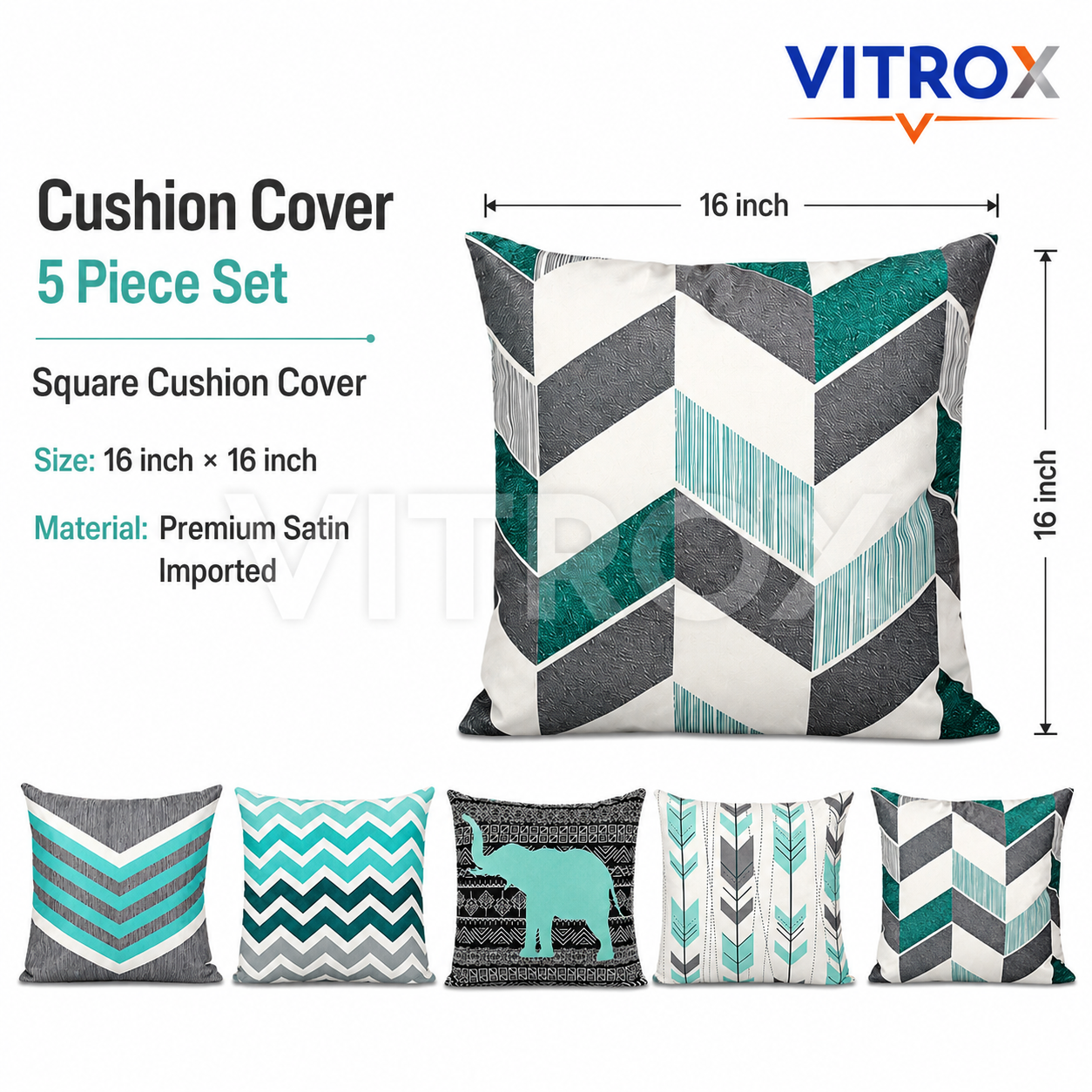 Vitrox Decorative Printed Cushion Cover Set – 5 Piece Set, 16 x 16 Inch Premium Satin Imported Cushion Covers