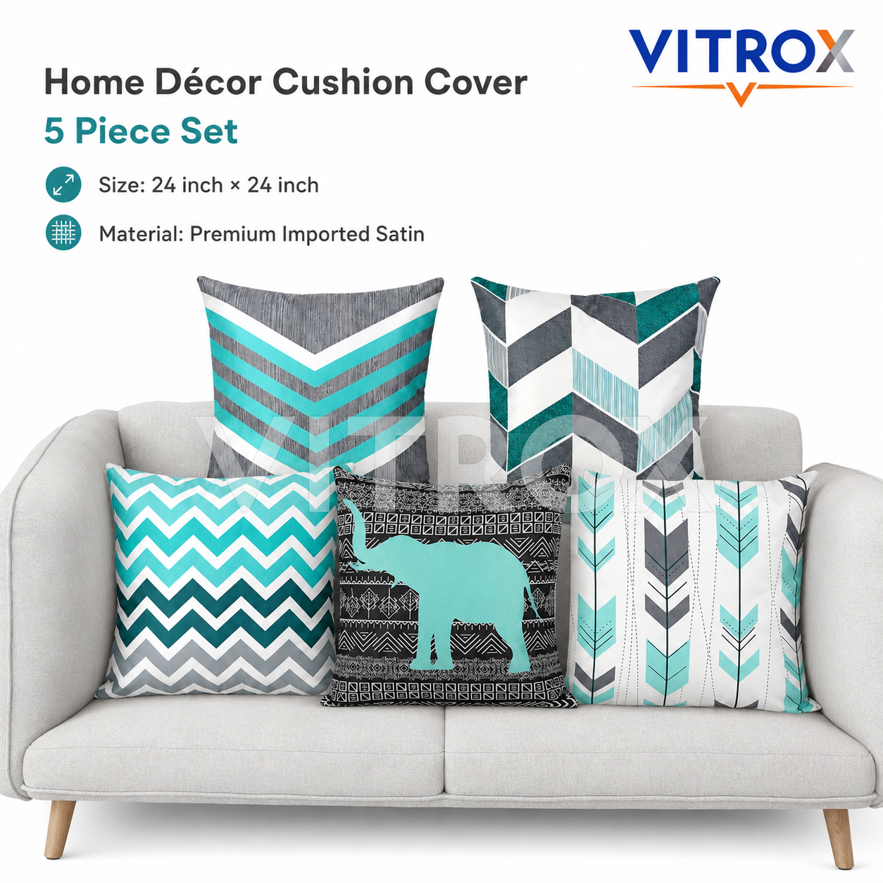 Vitrox Decorative Printed Cushion Cover Set – 5 Piece Set, 24 x 24 Inch Premium Imported Satin Cushion Covers