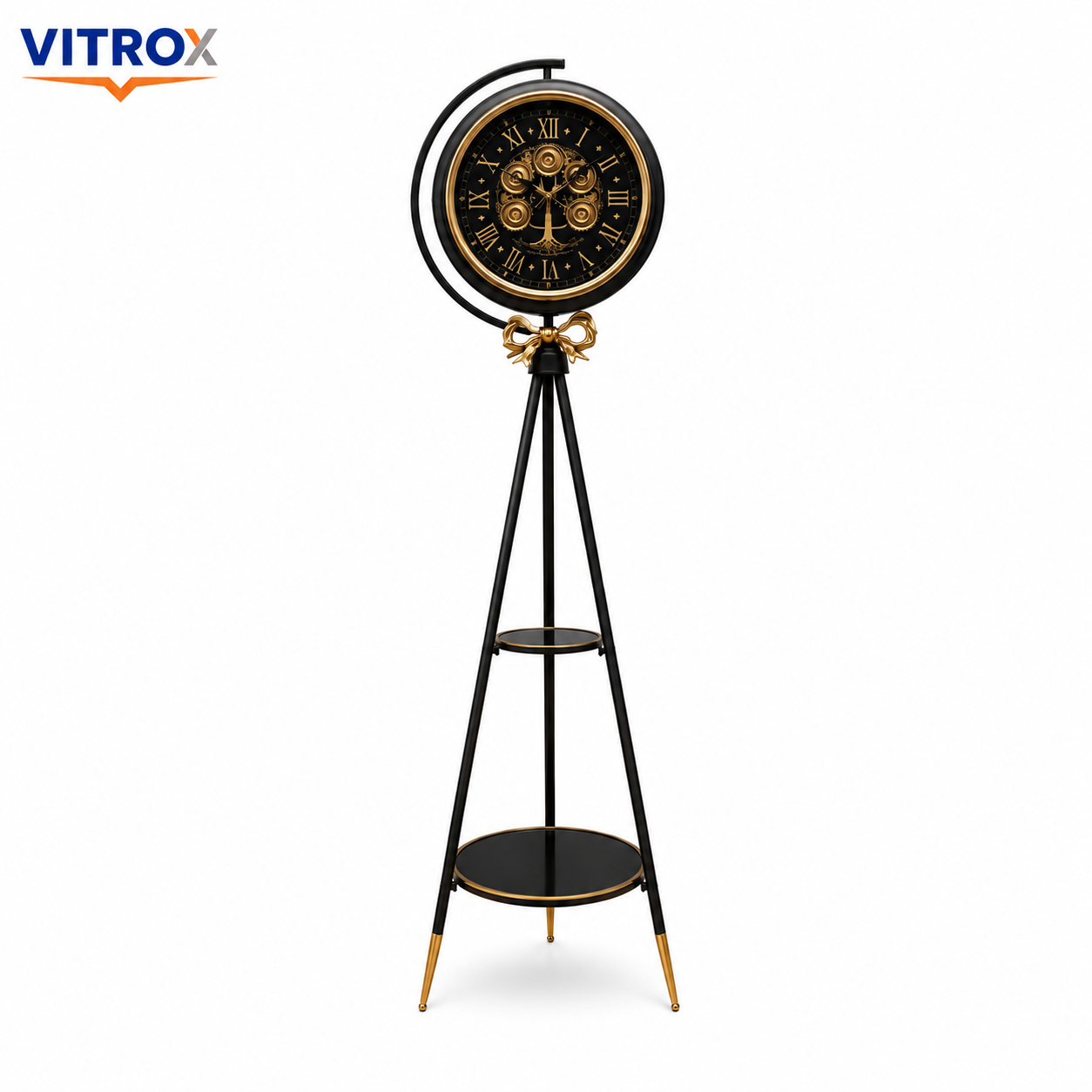 Double Side Floor Standing Clock with Metal Stand – Silent Quartz Vintage Display Clock (165 cm Height, Black & Gold)