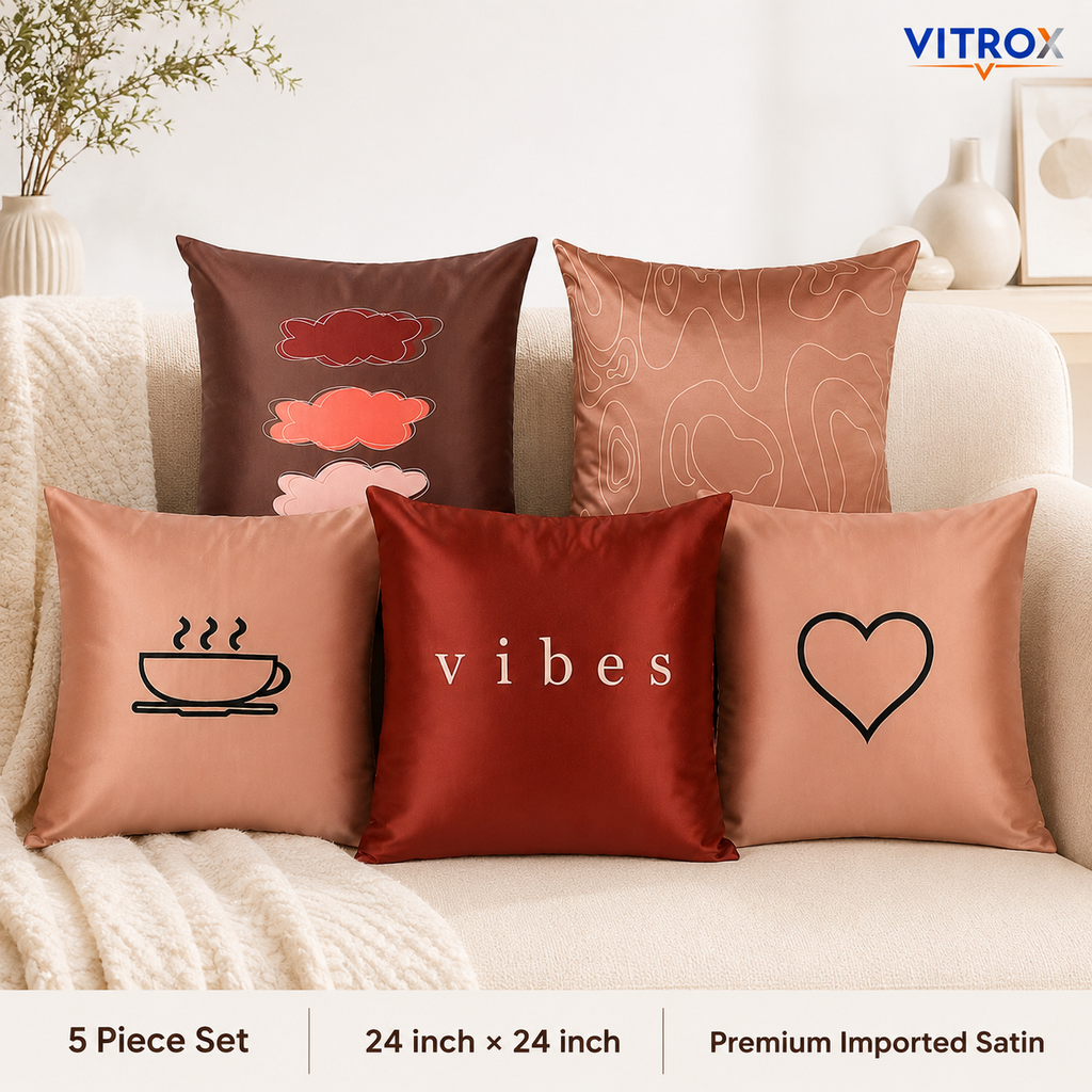 Vitrox Decorative Satin Cushion Cover Set – 5 Piece Set, 24 x 24 Inch Premium Imported Satin Cushion Covers