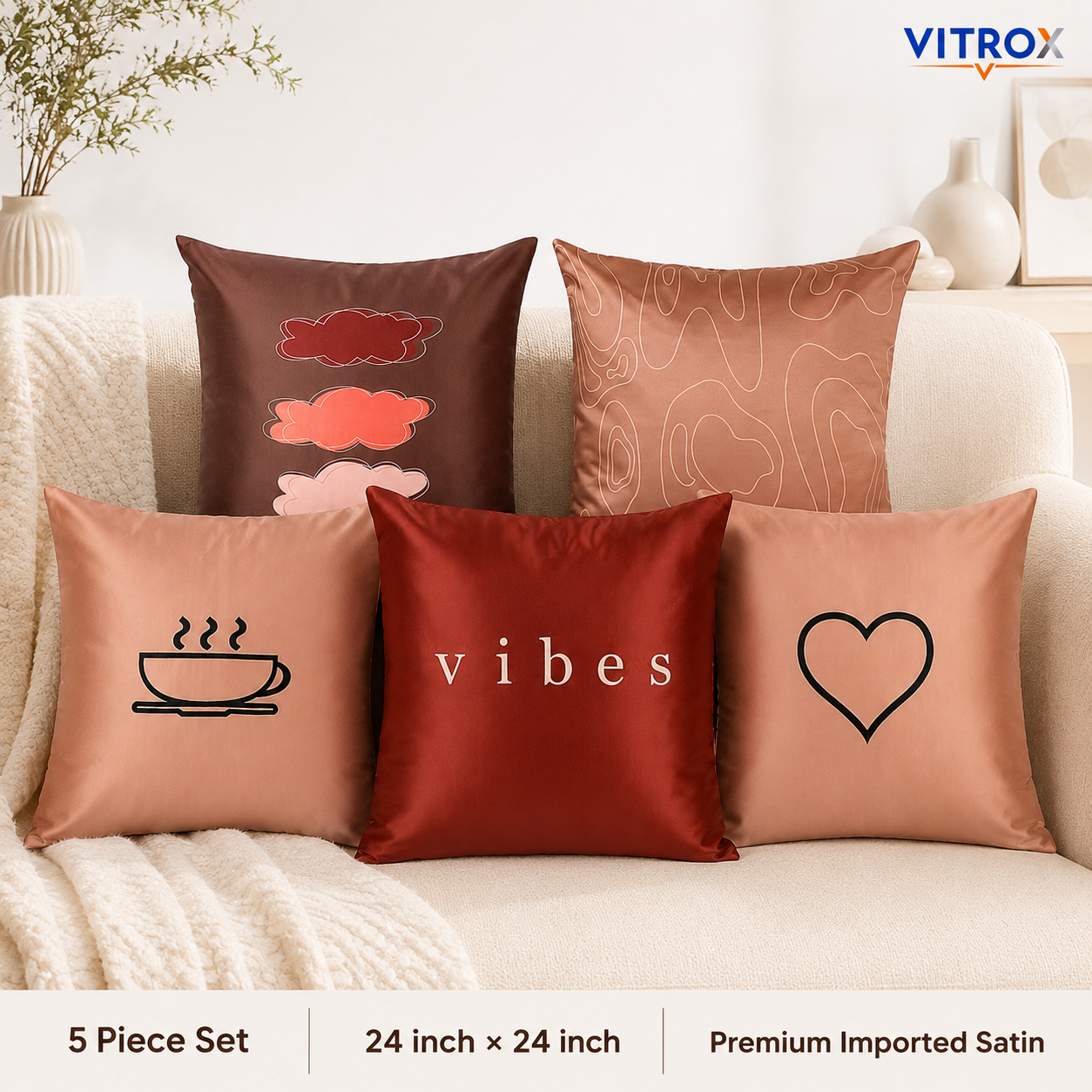 Vitrox Decorative Satin Cushion Cover Set – 5 Piece Set, 24 x 24 Inch Premium Imported Satin Cushion Covers