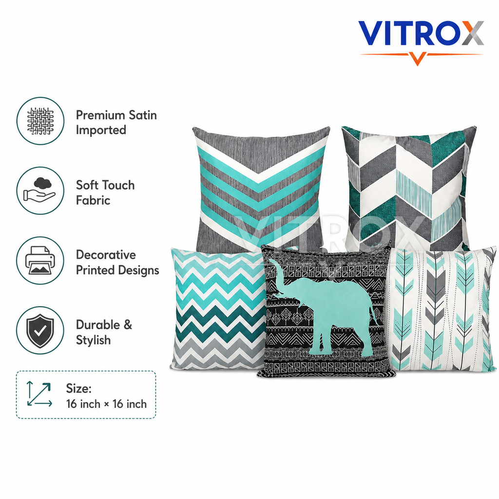 Vitrox Decorative Printed Cushion Cover Set – 5 Piece Set, 16 x 16 Inch Premium Satin Imported Cushion Covers