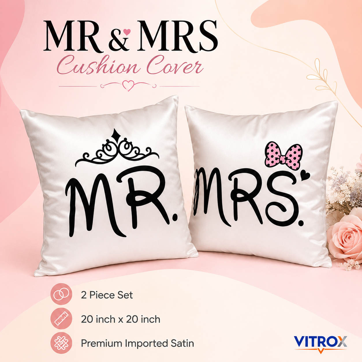 Vitrox MR & MRS Couple Satin Cushion Cover Set – 2 Piece Set, 24 x 24 Inch Premium Imported Satin Cushion Covers