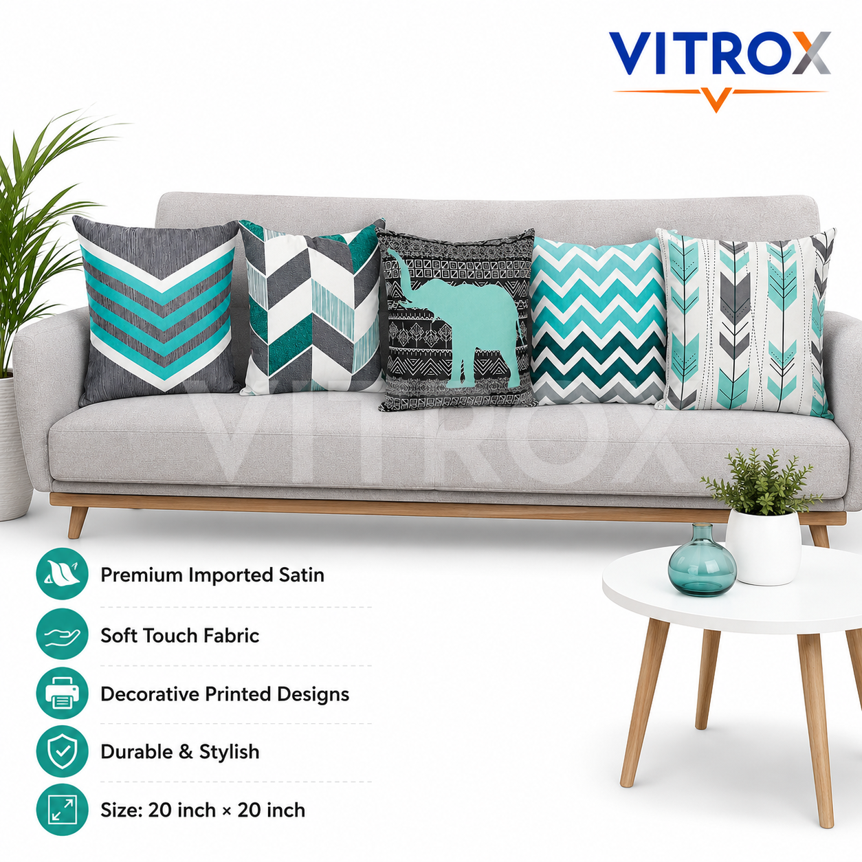 Vitrox Decorative Printed Cushion Cover Set – 5 Piece Set, 20 x 20 Inch Premium Imported Satin Cushion Covers