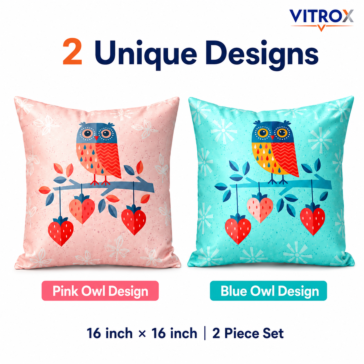 Vitrox Owl Printed Satin Cushion Cover Set – 2 Piece Set, 16 x 16 Inch Premium Imported Satin Cushion Covers