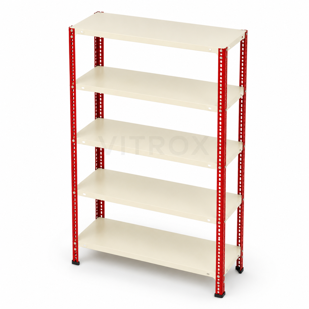 Slotted Angle Storage Rack 72 x 36 x 12 Inch 5 Tier - RED+ IVORY POWDER COATED