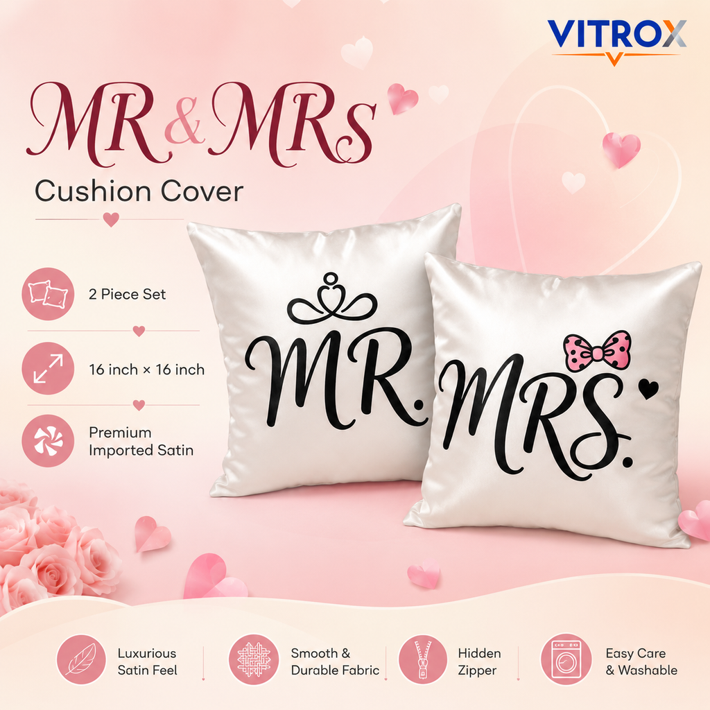 Vitrox MR & MRS Couple Cushion Cover Set – 2 Piece Set, 16 x 16 Inch Premium Imported Satin Cushion Covers
