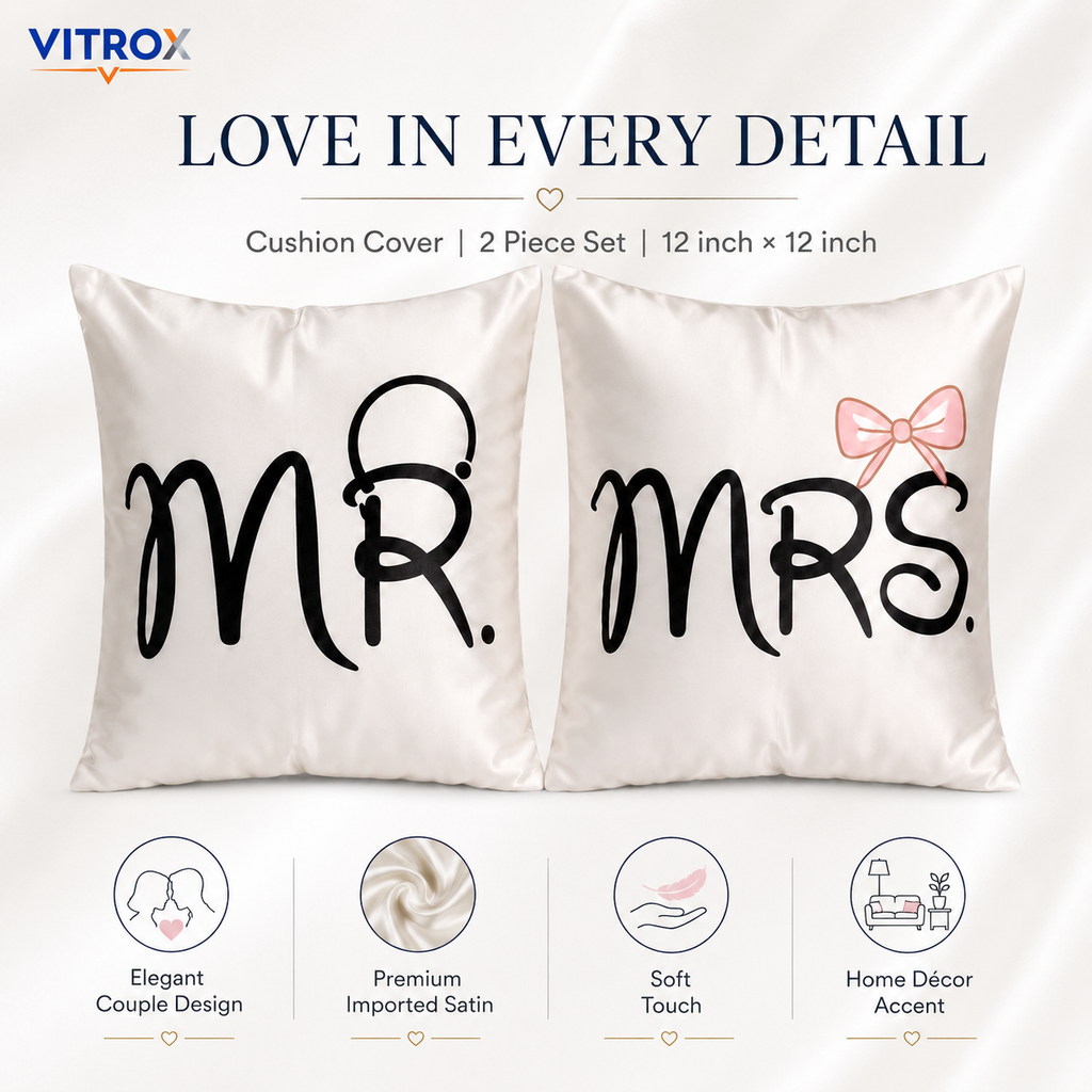 Vitrox MR & MRS Satin Cushion Cover Set – 2 Piece Set, 12 x 12 Inch Premium Imported Satin Cushion Covers