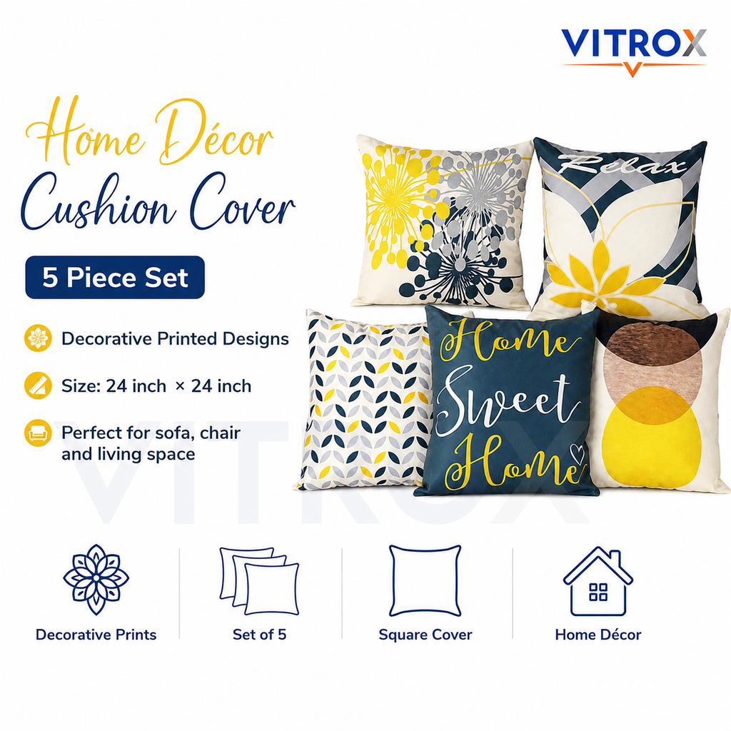 Vitrox Decorative Printed Cushion Cover Set – 5 Piece Set, 24 x 24 Inch Square Cushion Covers