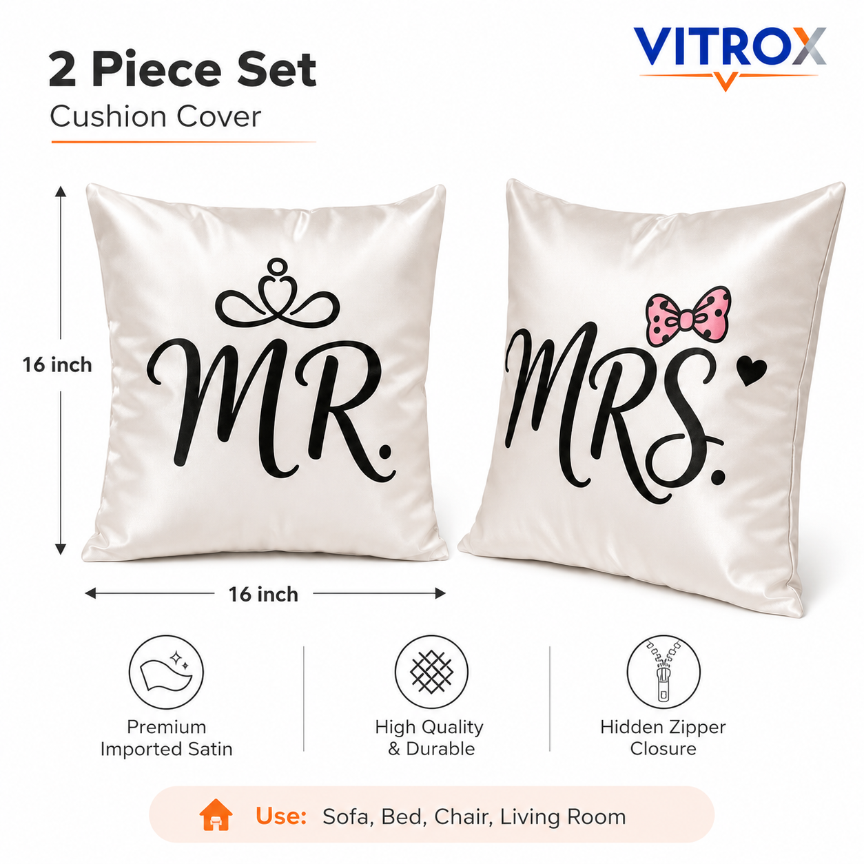 Vitrox MR & MRS Couple Cushion Cover Set – 2 Piece Set, 16 x 16 Inch Premium Imported Satin Cushion Covers