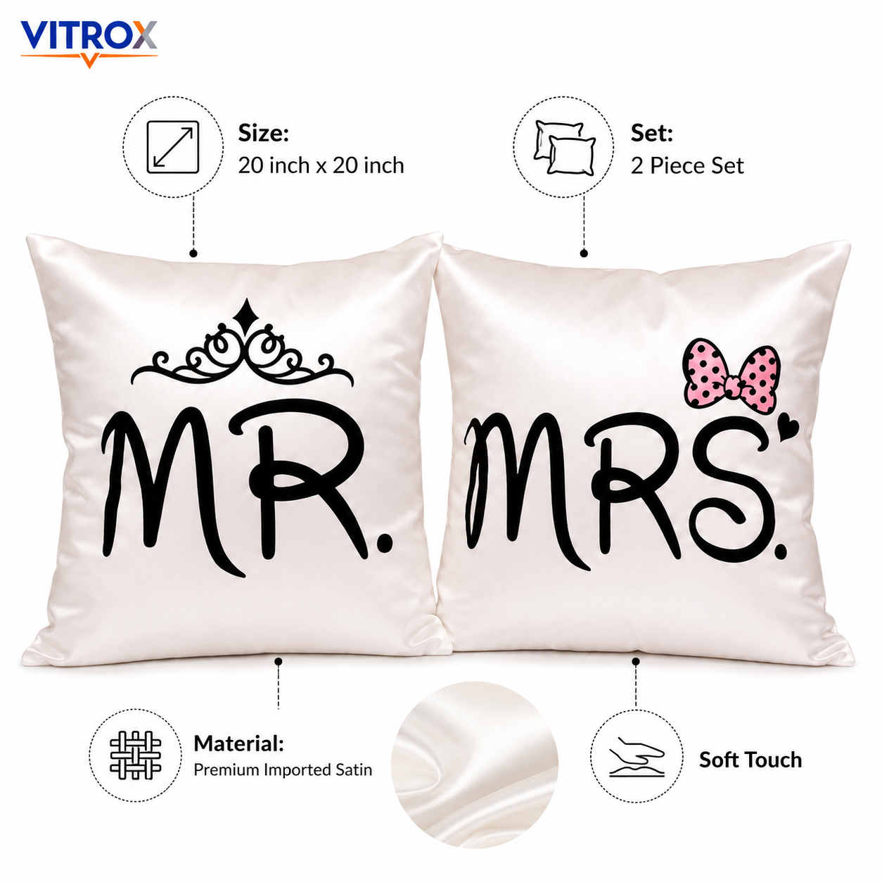 Vitrox MR & MRS Couple Cushion Cover Set – 2 Piece Set, 20 x 20 Inch Premium Imported Satin Cushion Covers
