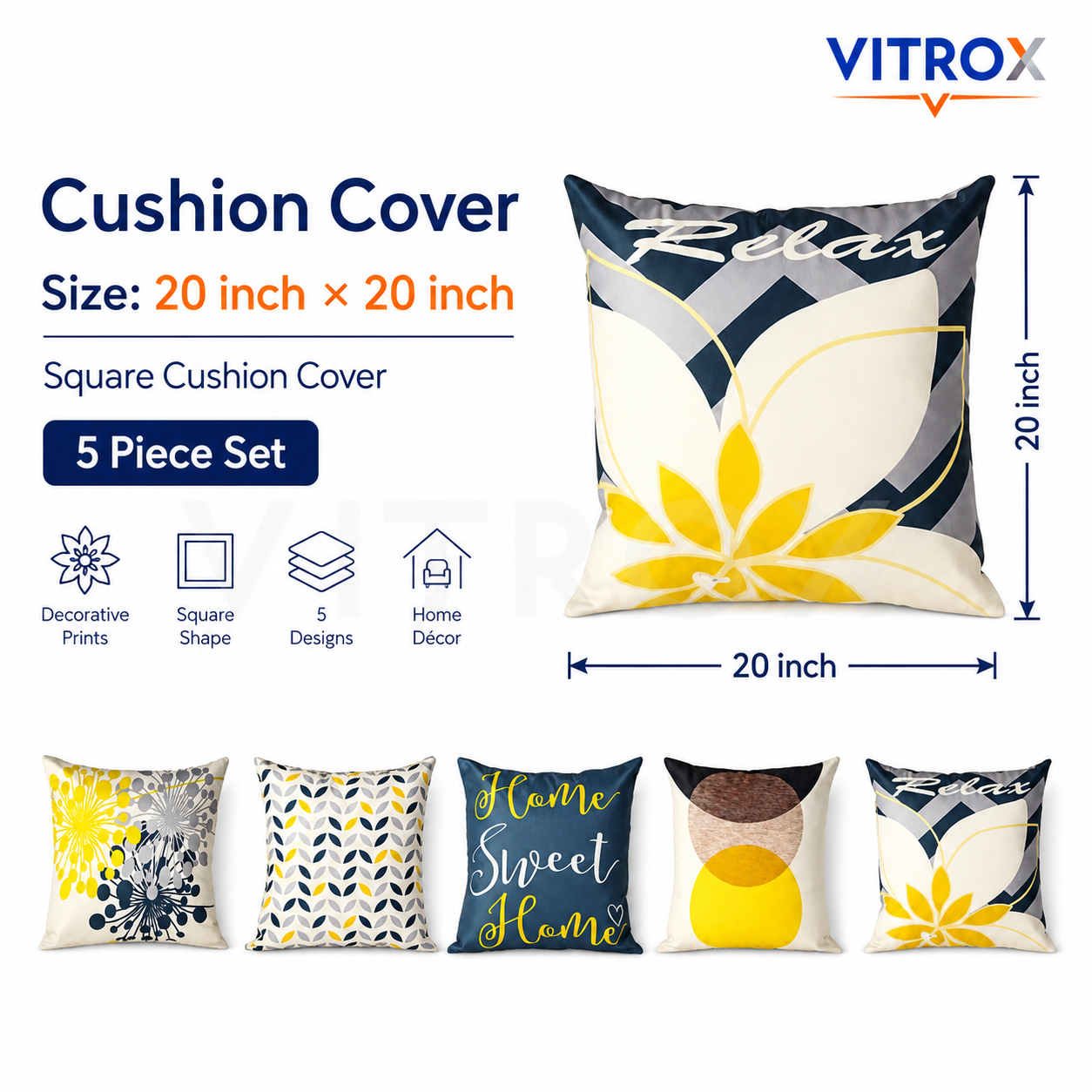 Vitrox Decorative Printed Cushion Cover Set – 5 Piece Set, 20 x 20 Inch Square Cushion Covers