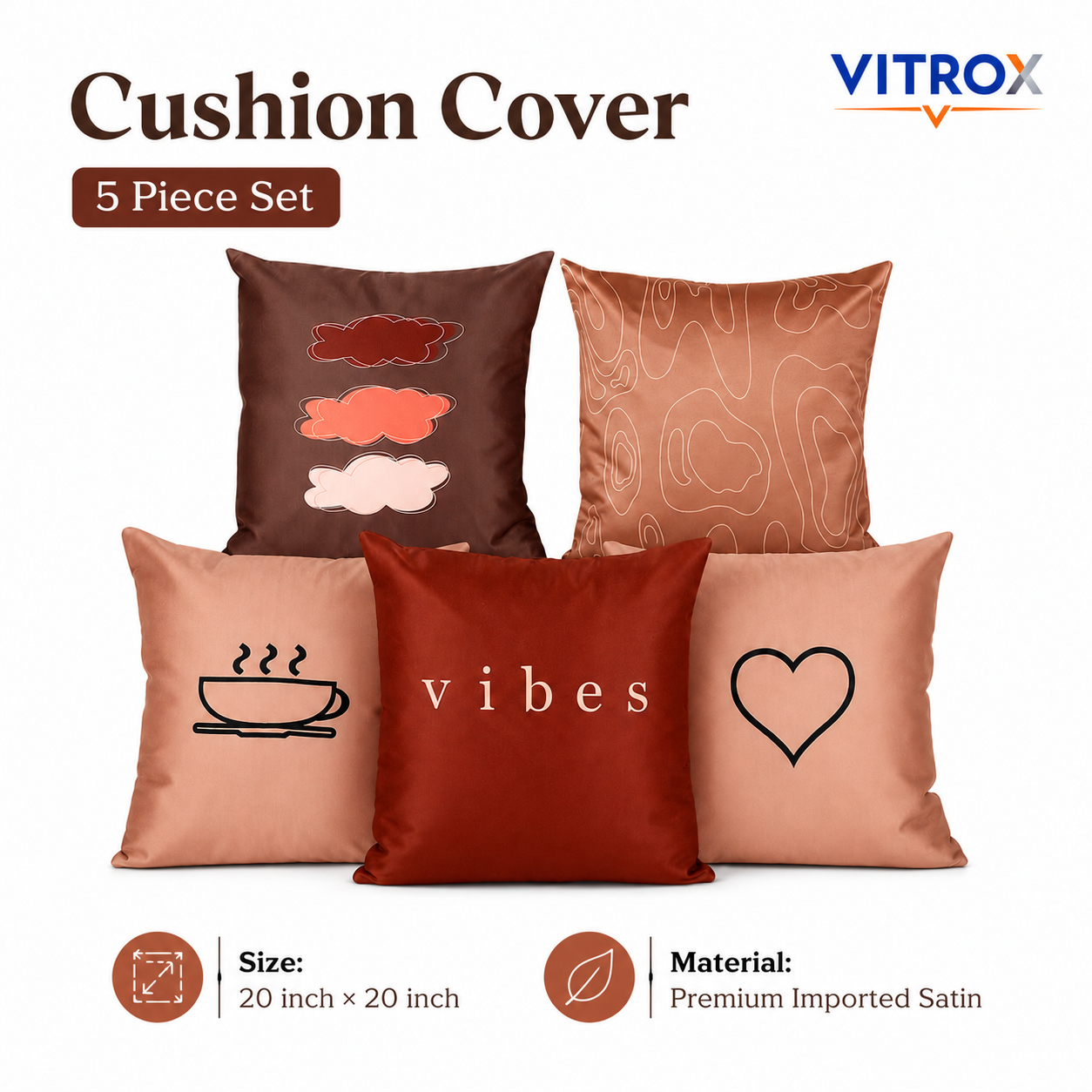 Vitrox Decorative Satin Cushion Cover Set – 5 Piece Set, 20 x 20 Inch Premium Imported Satin Cushion Covers
