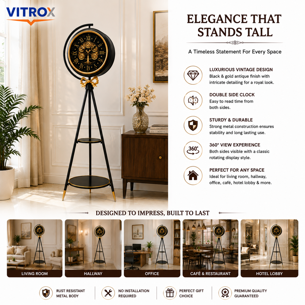 Double Side Floor Standing Clock with Metal Stand – Silent Quartz Vintage Display Clock (165 cm Height, Black & Gold)
