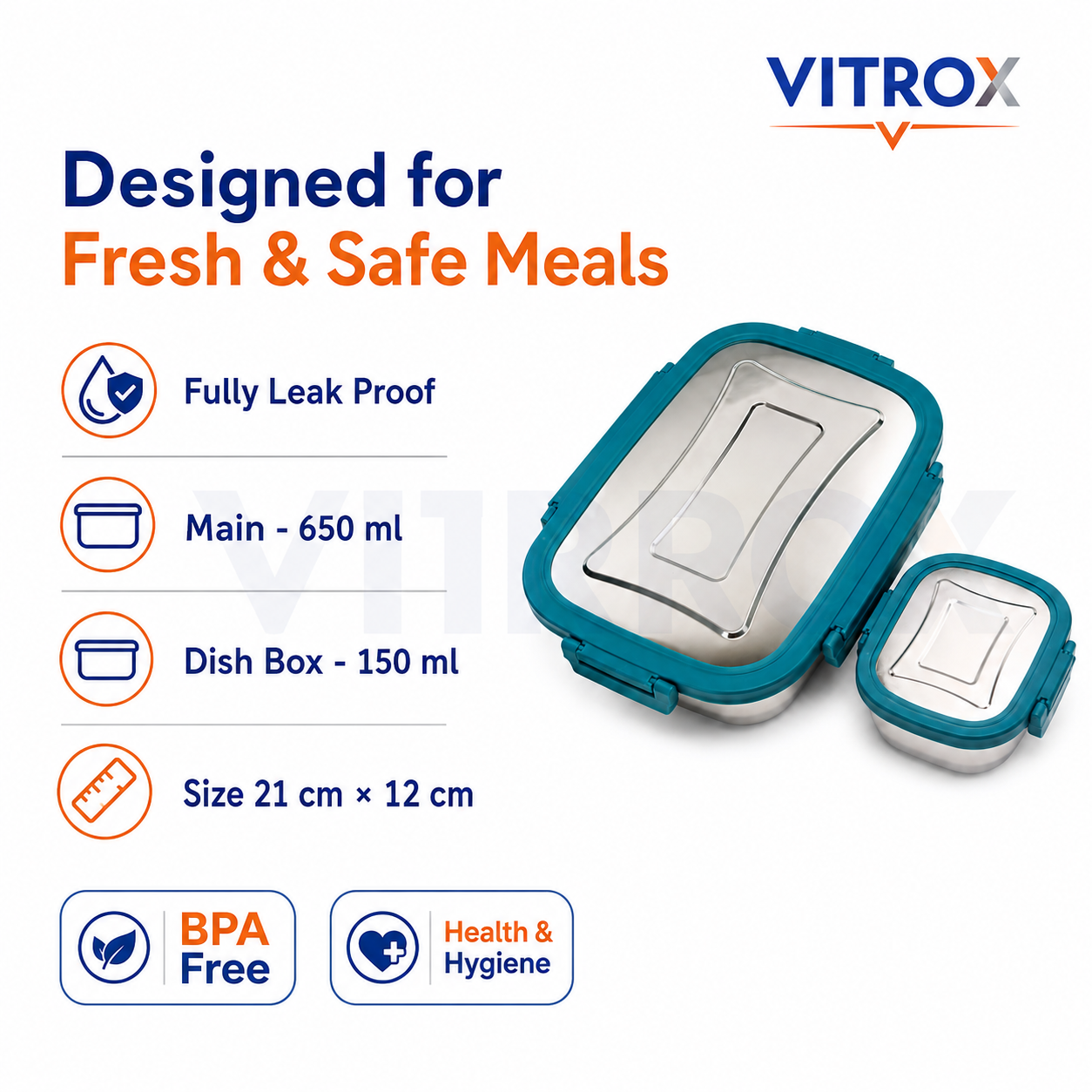 Vitrox Fully Leak Proof Stainless Steel Lunch Box Set with Dish Box – TEAL BLUE | 650 ml + 150 ml