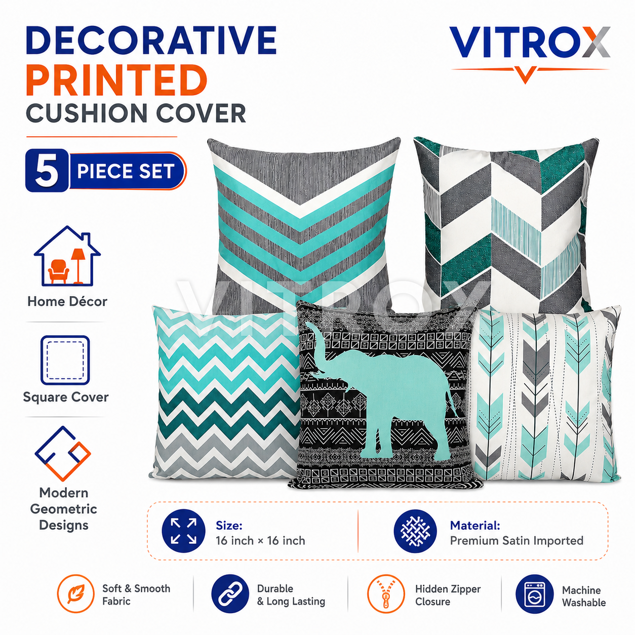 Vitrox Decorative Printed Cushion Cover Set – 5 Piece Set, 16 x 16 Inch Premium Satin Imported Cushion Covers