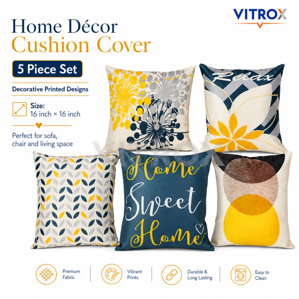 Vitrox Decorative Printed Cushion Cover Set – 5 Piece Set, 16 x 16 Inch Square Cushion Covers
