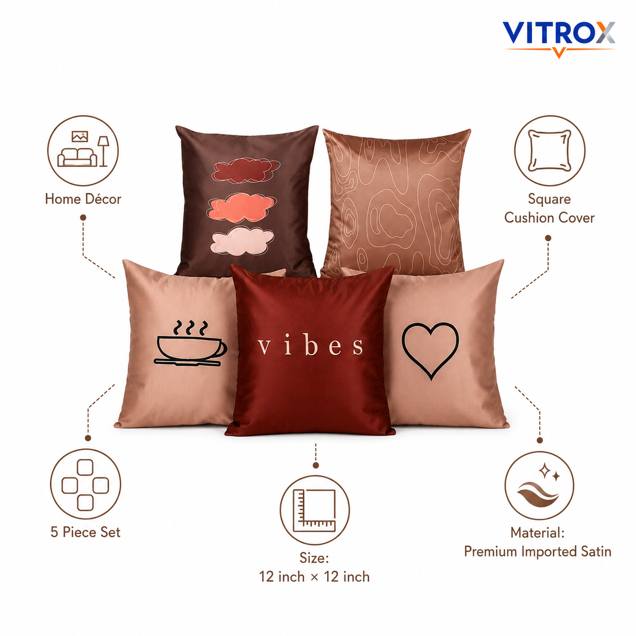 Vitrox Decorative Satin Cushion Cover Set – 5 Piece Set, 12 x 12 Inch Square Cushion Covers