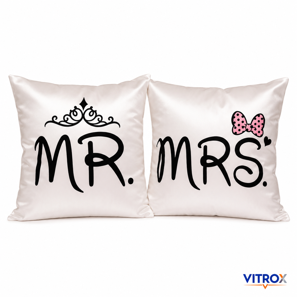 Vitrox MR & MRS Couple Cushion Cover Set – 2 Piece Set, 20 x 20 Inch Premium Imported Satin Cushion Covers