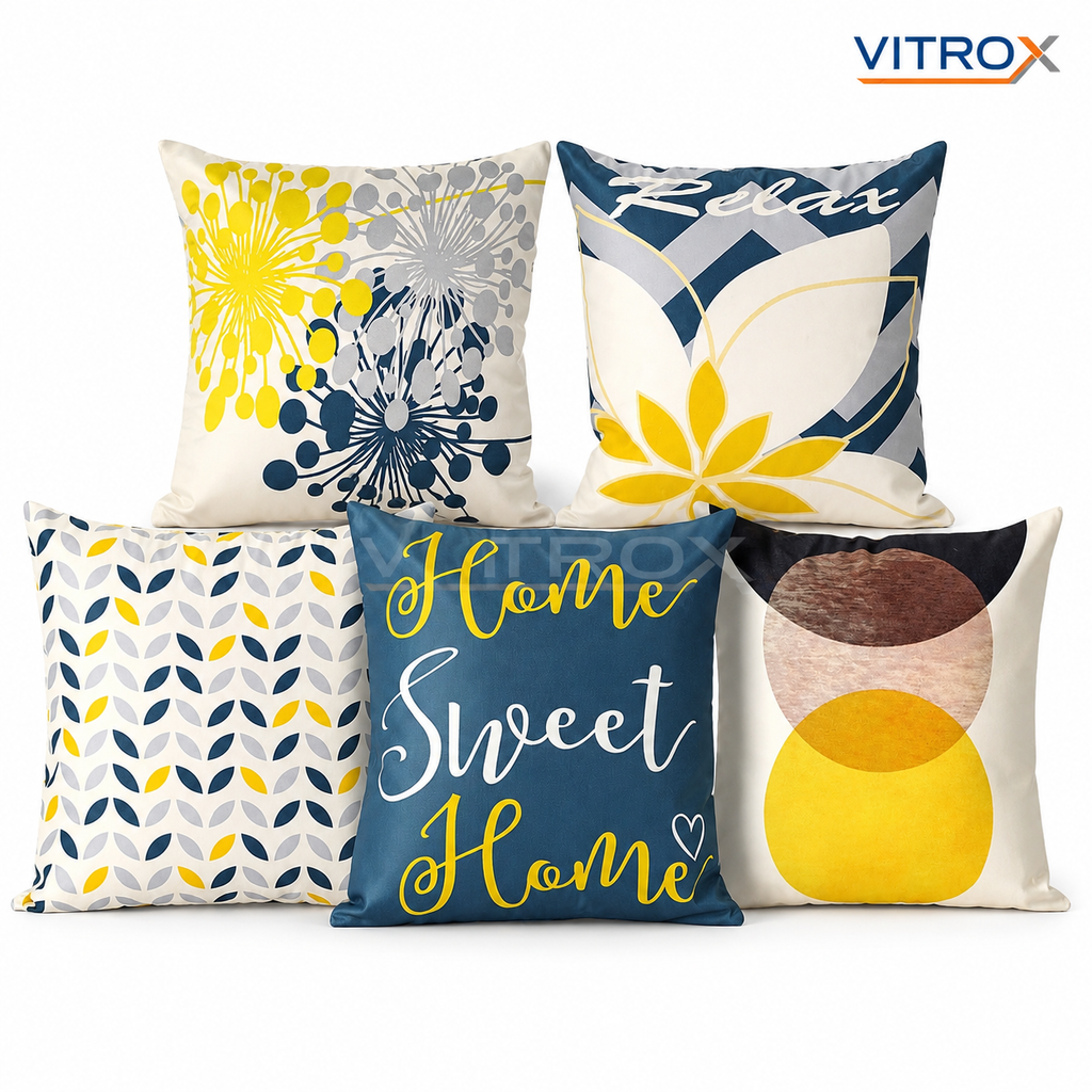 Vitrox Decorative Printed Cushion Cover Set – 5 Piece Set, 12 x 12 Inch Square Cushion Covers
