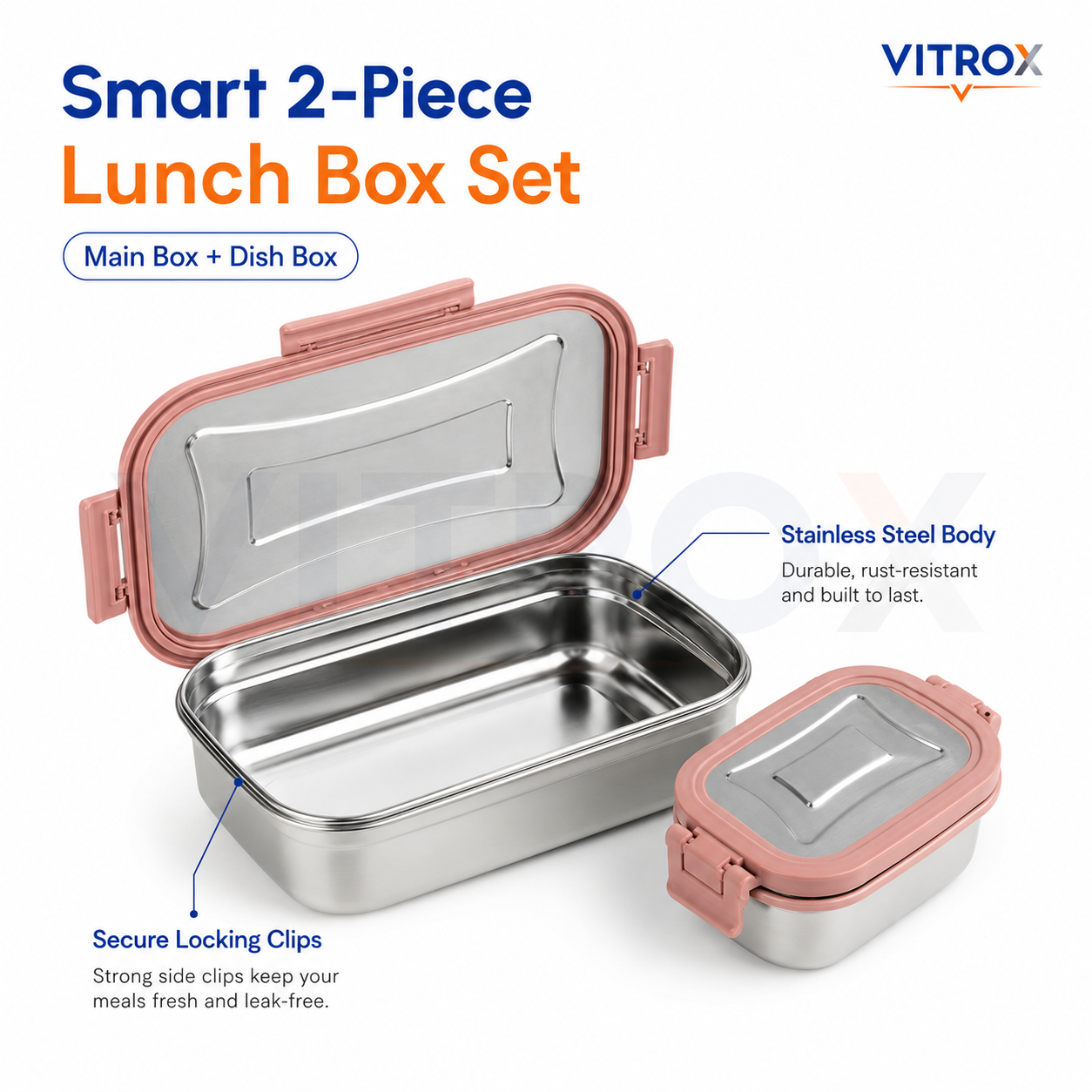 Vitrox Fully Leak Proof Stainless Steel Lunch Box Set with Dish Box – Pink | 650 ml + 150 ml