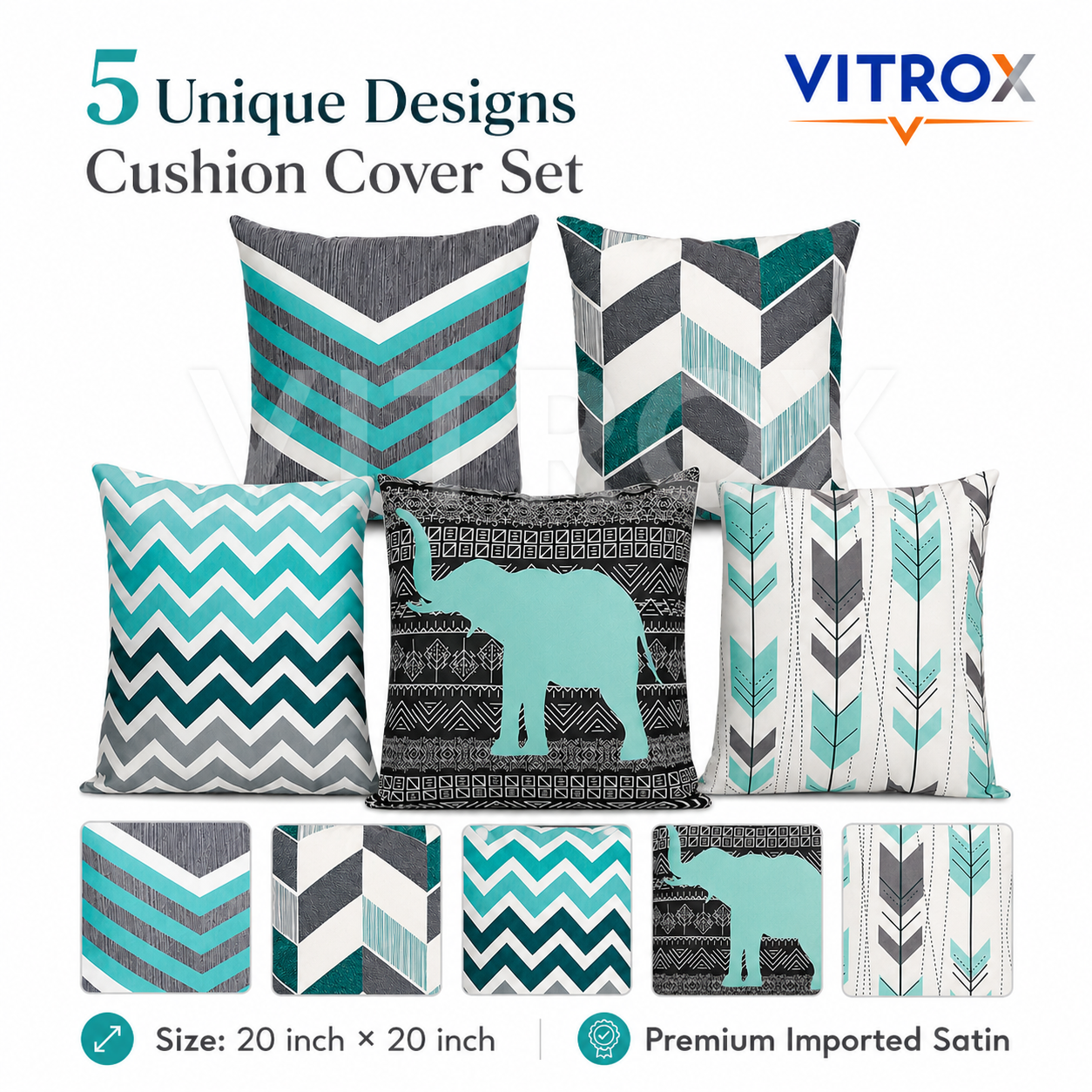 Vitrox Decorative Printed Cushion Cover Set – 5 Piece Set, 20 x 20 Inch Premium Imported Satin Cushion Covers