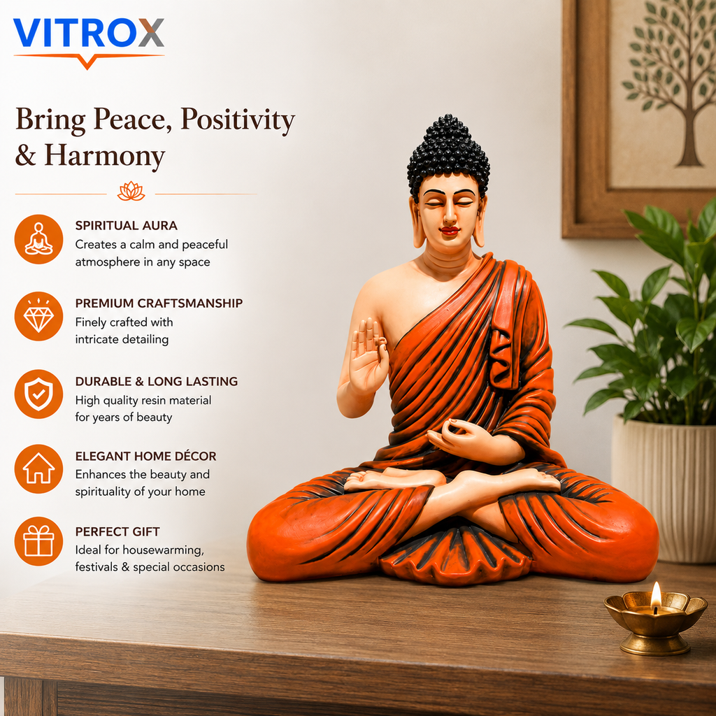 Premium Hand-Painted Meditating Buddha Statue – Resin Spiritual Home Décor Idol (37 × 18 × 34 cm, Orange & Black)