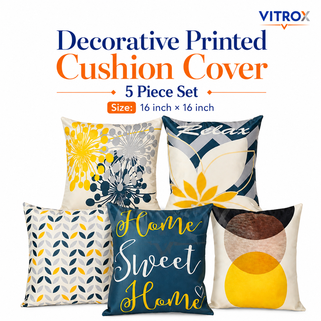 Vitrox Decorative Printed Cushion Cover Set – 5 Piece Set, 16 x 16 Inch Square Cushion Covers