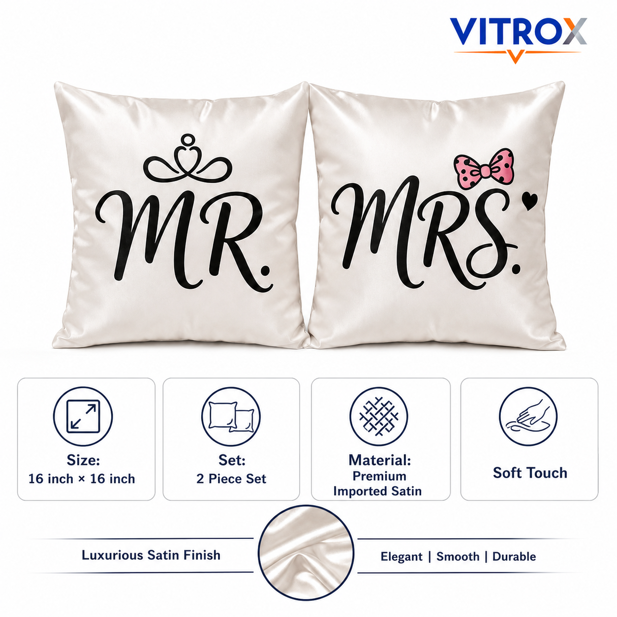 Vitrox MR & MRS Couple Cushion Cover Set – 2 Piece Set, 16 x 16 Inch Premium Imported Satin Cushion Covers