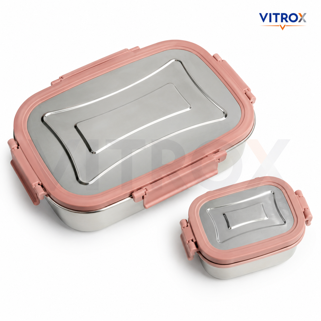 Vitrox Fully Leak Proof Stainless Steel Lunch Box Set with Dish Box – Pink | 650 ml + 150 ml