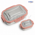 Vitrox Fully Leak Proof Stainless Steel Lunch Box Set with Dish Box – Pink | 650 ml + 150 ml