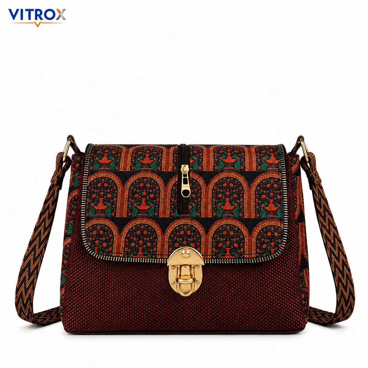 VITROX Printed Ladies Sling Bag – Brown & Black Geometric Pattern Shoulder Bag