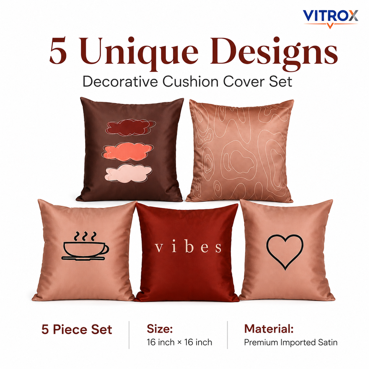 Vitrox Decorative Satin Cushion Cover Set – 5 Piece Set, 16 x 16 Inch Premium Imported Satin Cushion Covers
