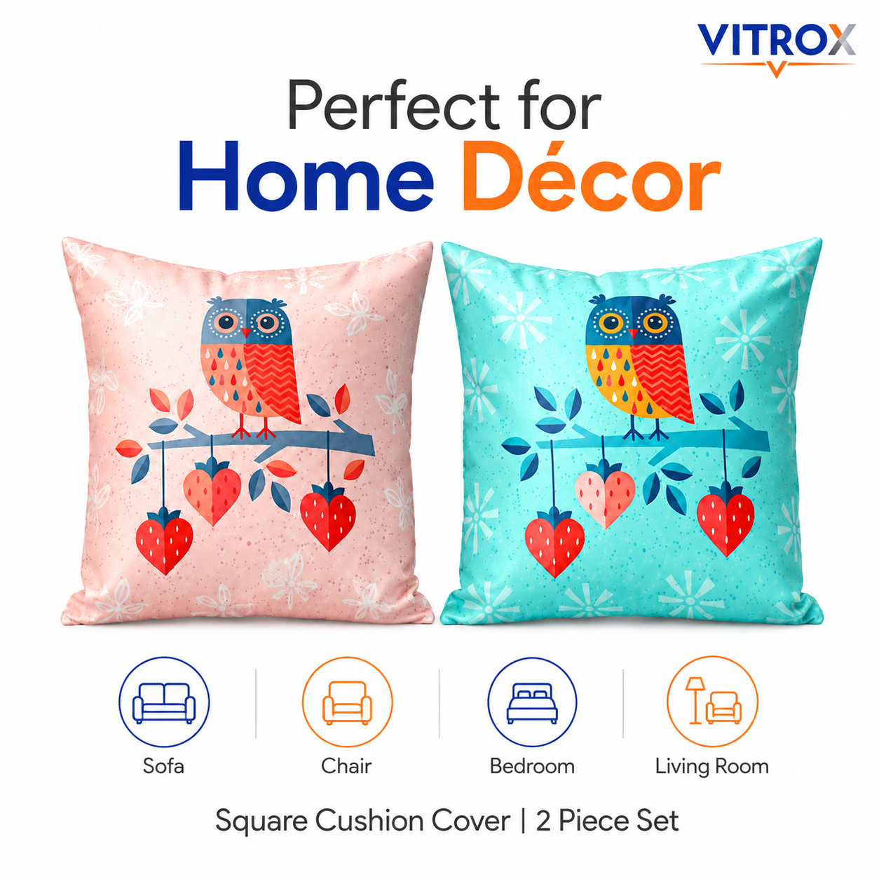 Vitrox Owl Printed Satin Cushion Cover Set – 2 Piece Set, 16 x 16 Inch Premium Imported Satin Cushion Covers