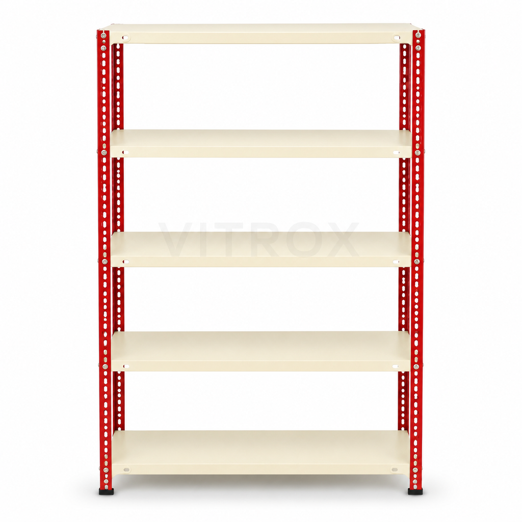 Slotted Angle Storage Rack 72 x 36 x 12 Inch 5 Tier - RED+ IVORY POWDER COATED