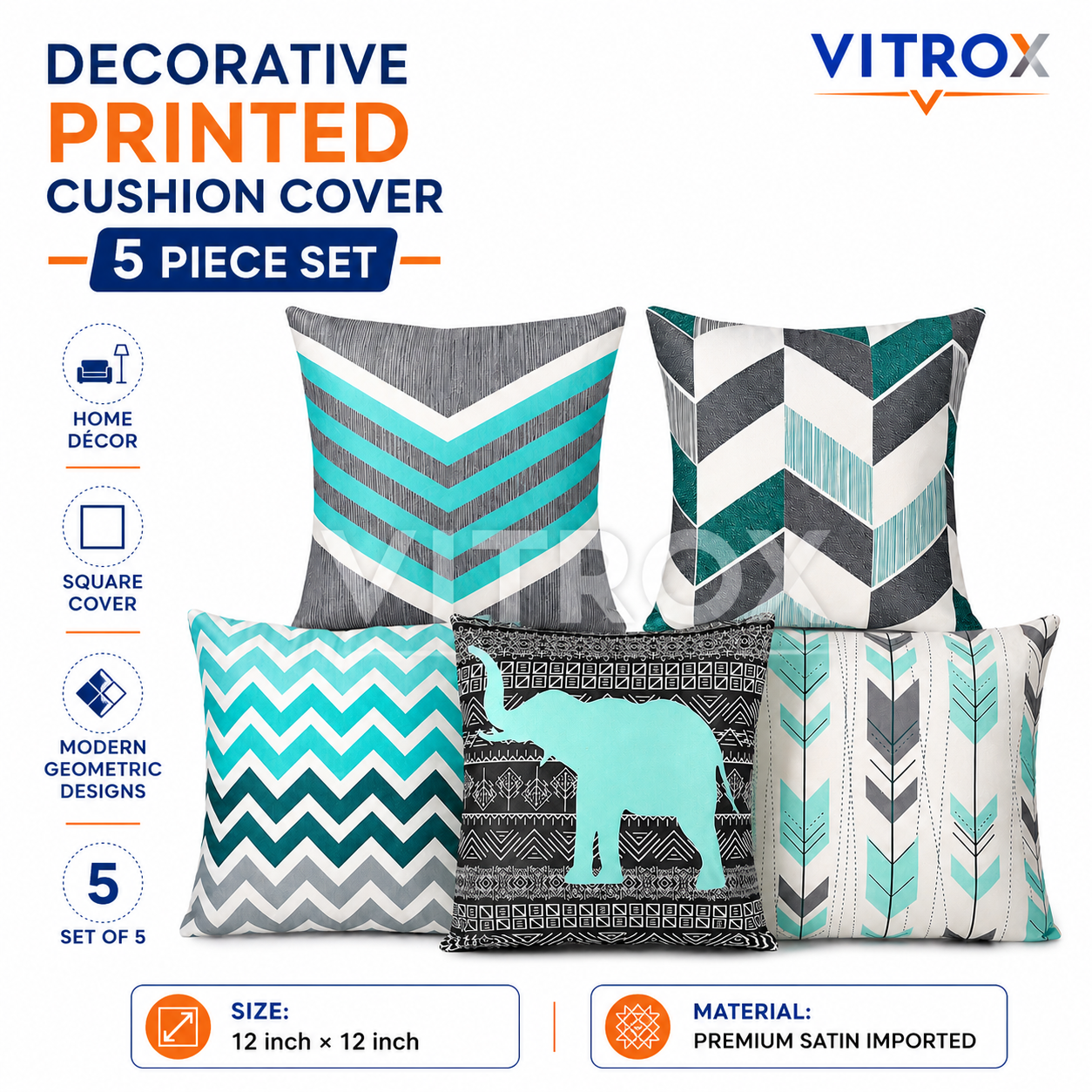 Vitrox Decorative Printed Cushion Cover Set – 5 Piece Set, 12 x 12 Inch Premium Satin Imported Cushion Covers