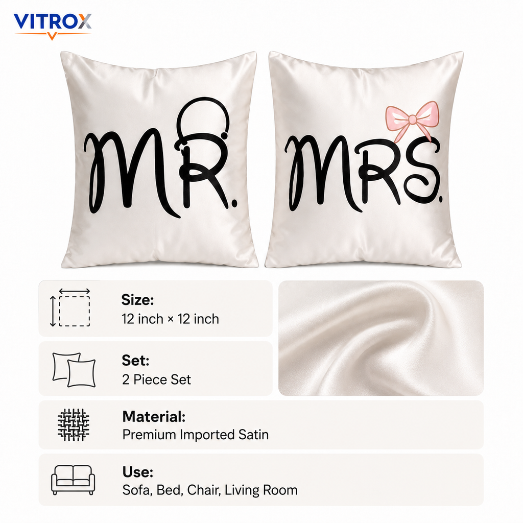 Vitrox MR & MRS Satin Cushion Cover Set – 2 Piece Set, 12 x 12 Inch Premium Imported Satin Cushion Covers
