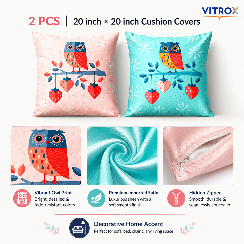 Vitrox Owl Printed Cushion Cover Set – 2 Piece Set, 20 x 20 Inch Premium Imported Satin Cushion Covers
