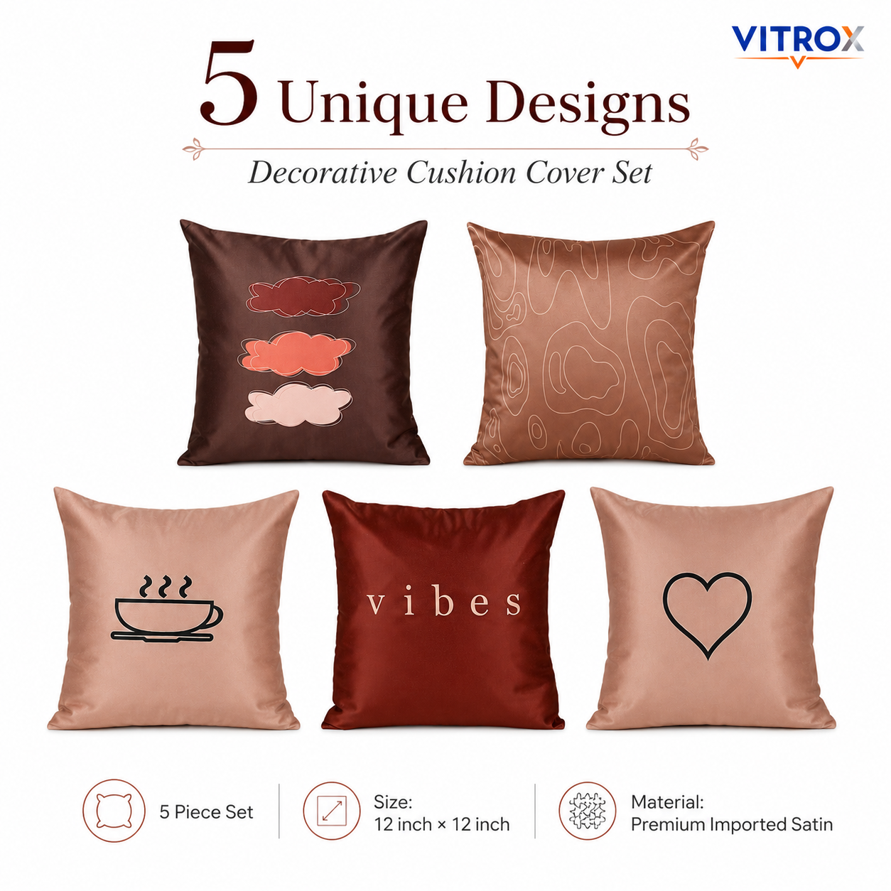 Vitrox Decorative Satin Cushion Cover Set – 5 Piece Set, 12 x 12 Inch Square Cushion Covers