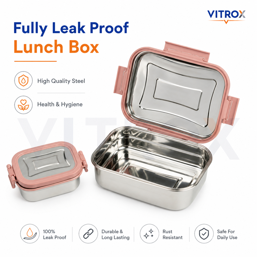 Vitrox Fully Leak Proof Stainless Steel Lunch Box Set with Dish Box – Pink | 650 ml + 150 ml