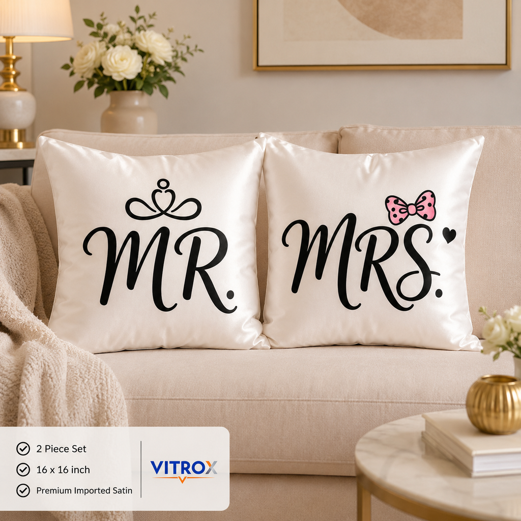 Vitrox MR & MRS Couple Cushion Cover Set – 2 Piece Set, 16 x 16 Inch Premium Imported Satin Cushion Covers