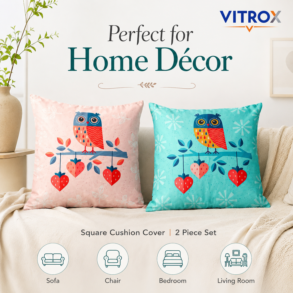 Vitrox Owl Printed Cushion Cover Set – 2 Piece Set, 20 x 20 Inch Premium Imported Satin Cushion Covers