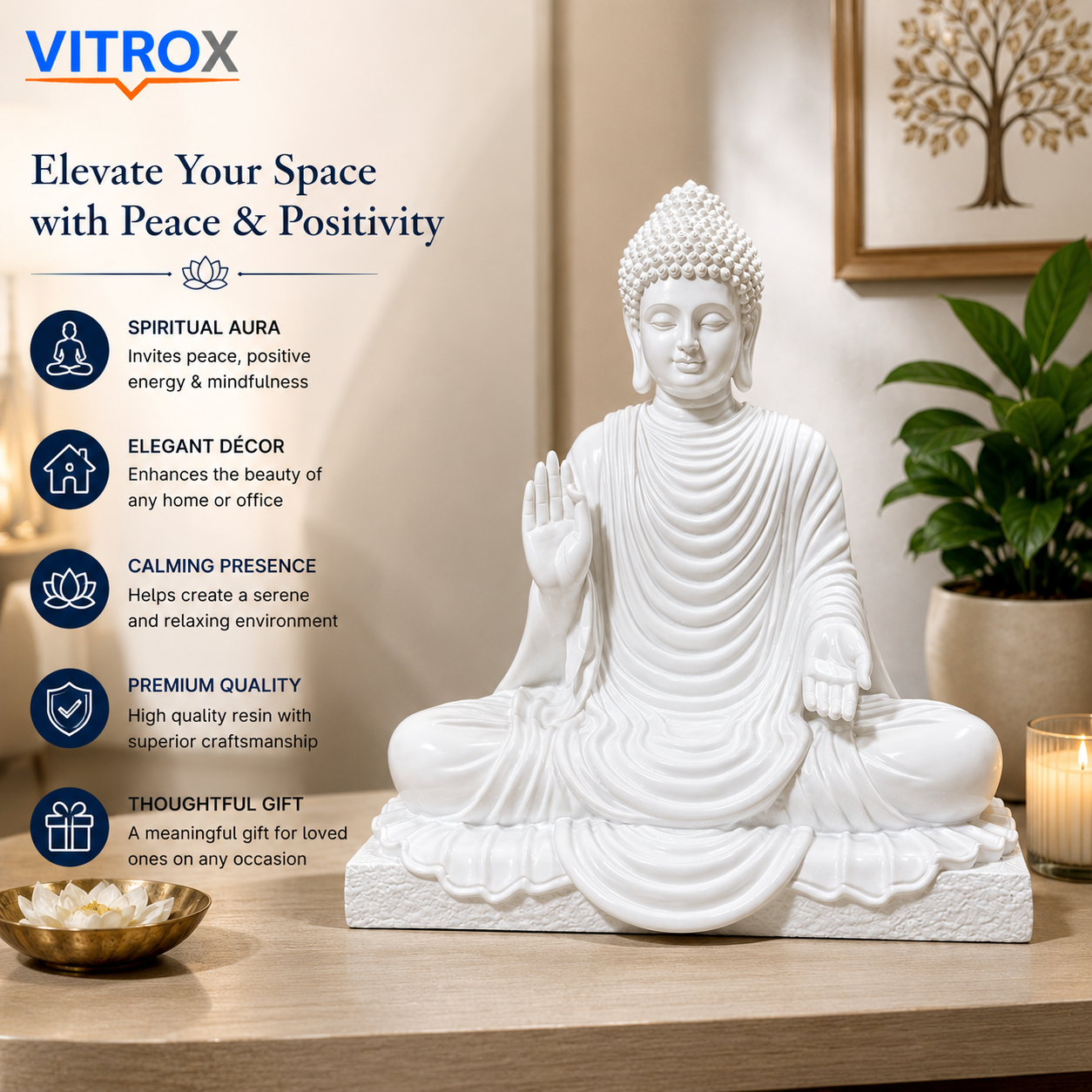 Premium White Meditating Buddha Statue – Hand-Finished Resin Spiritual Home Décor Idol (37 × 18 × 34 cm)