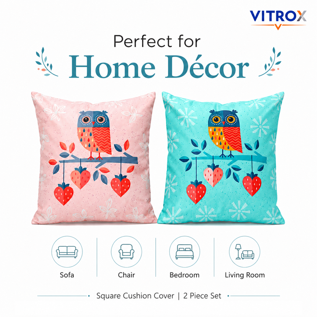 Vitrox Owl Printed Cushion Cover Set – 2 Piece Set, 12 x 12 Inch Premium Imported Satin Cushion Covers