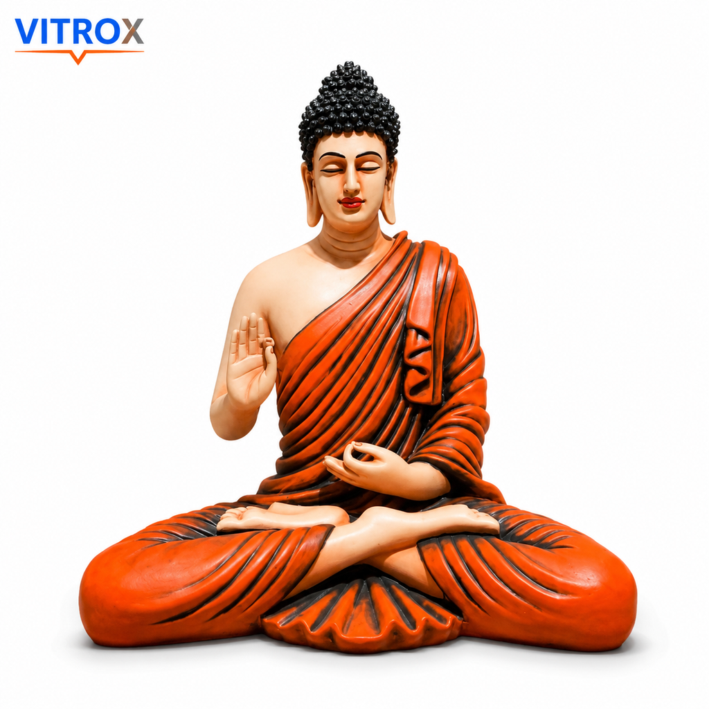 Premium Hand-Painted Meditating Buddha Statue – Resin Spiritual Home Décor Idol (37 × 18 × 34 cm, Orange & Black)